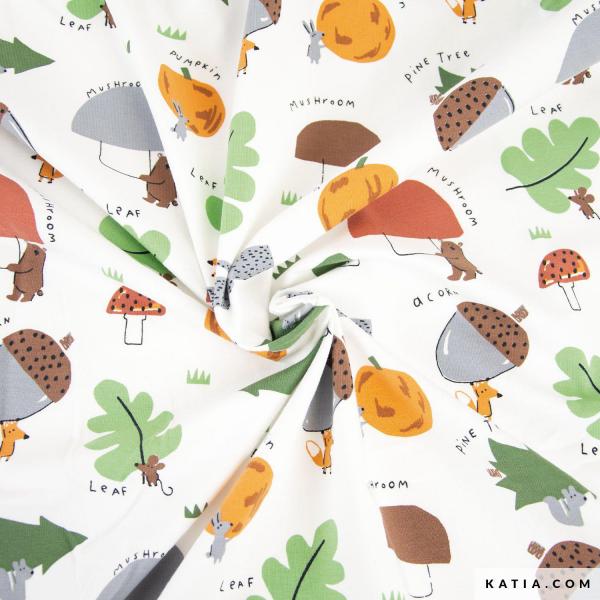 Baumwolljersey mit Waldtierchen und Waldmotiven auf Ecru